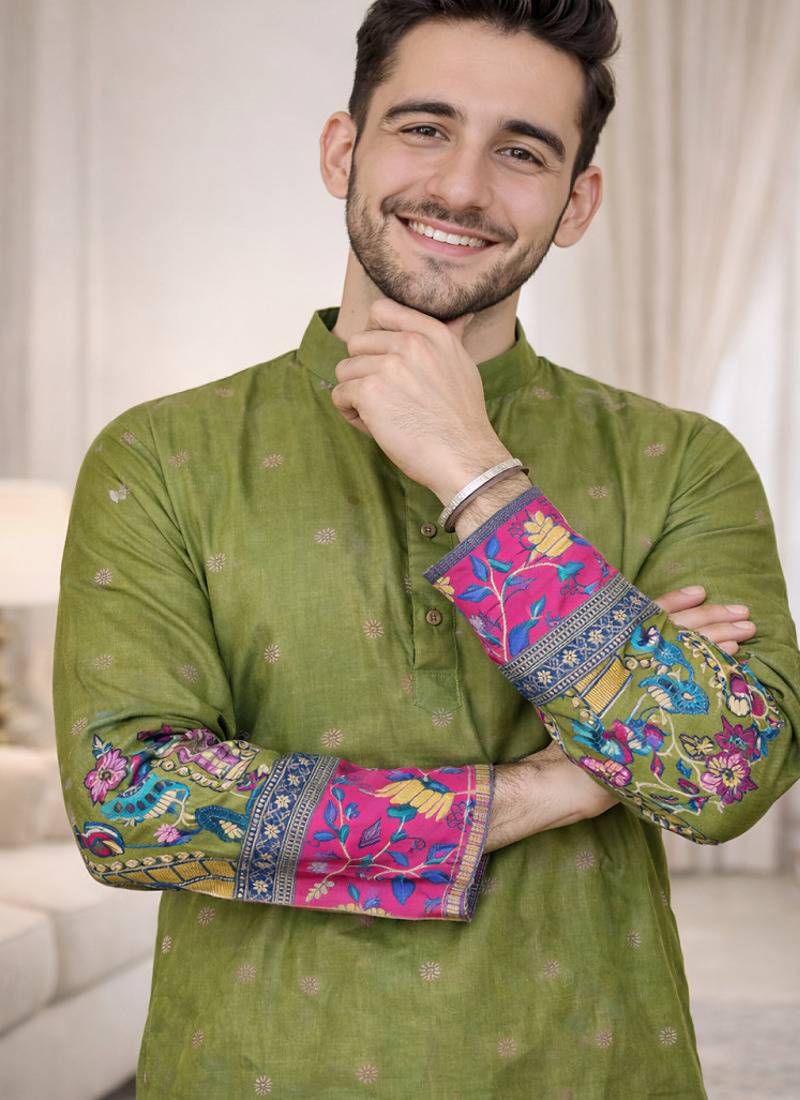 pista color patola print dola silk kurta pajama set