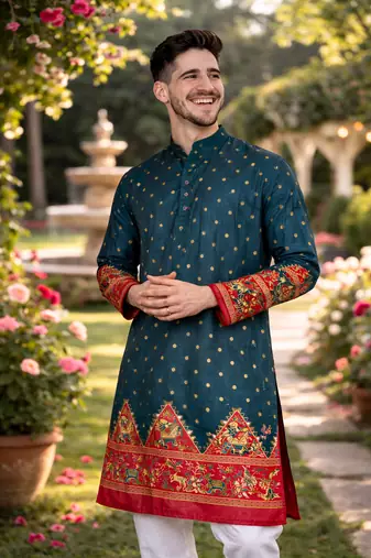 teal patola foil print dola silk kurta payjama set