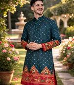 teal patola foil print dola silk kurta payjama set