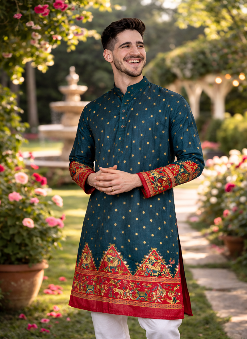 teal patola foil print dola silk kurta payjama set