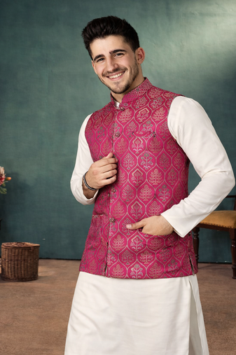 rani pink jacquard silk koti kurta payjama set