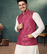 rani pink jacquard silk koti kurta payjama set