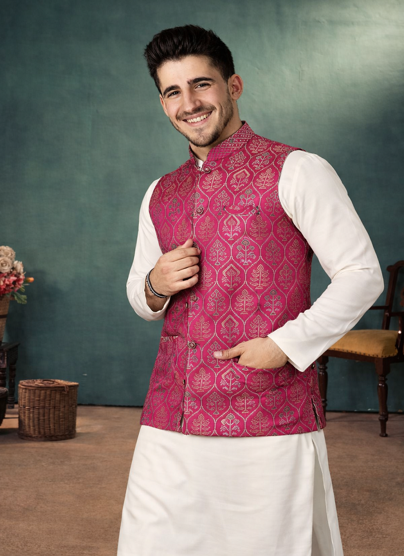 rani pink jacquard silk koti kurta payjama set