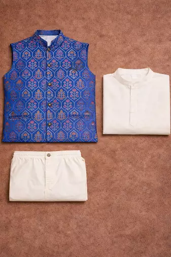 navy blue jacquard koti kurta pajama set for men