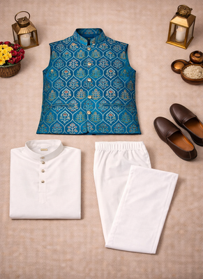 teal pink jacquard silk koti kurta payjama set 5