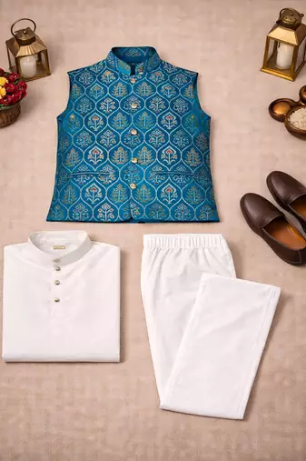teal pink jacquard silk koti kurta payjama set