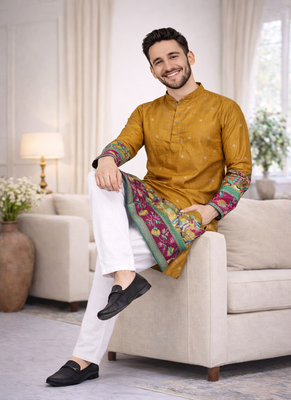 mustard patola foil print dola silk kurta payjama set 2