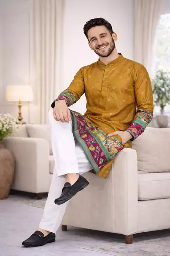 mustard patola foil print dola silk kurta payjama set