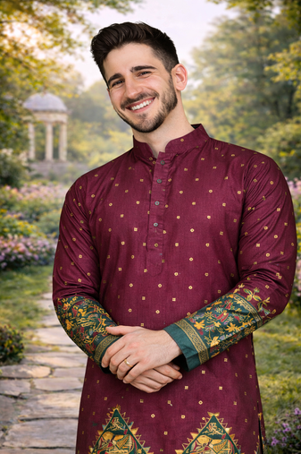 wine dola silk kurta payjama set with patola print