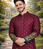 wine dola silk kurta payjama set with patola print