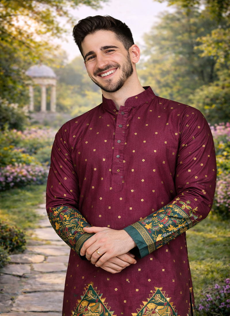 wine dola silk kurta payjama set with patola print