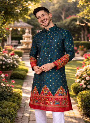 teal patola foil print dola silk kurta payjama set 2