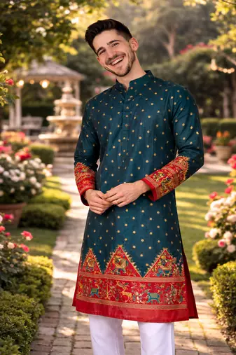 teal patola foil print dola silk kurta payjama set