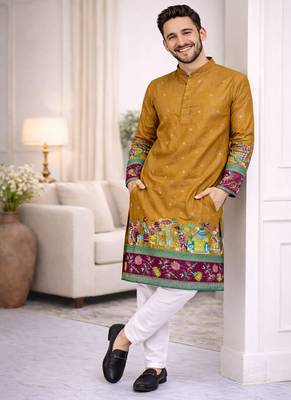 mustard patola foil print dola silk kurta payjama set 3