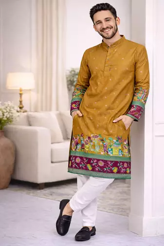 mustard patola foil print dola silk kurta payjama set