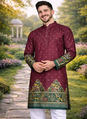 wine dola silk kurta payjama set with patola print 2