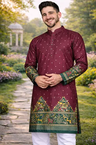 wine dola silk kurta payjama set with patola print