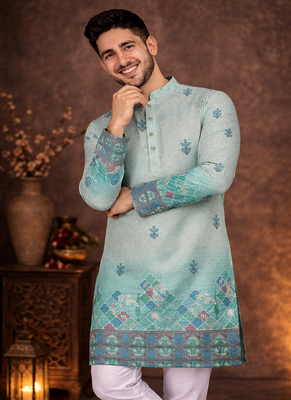turquoise rayon cotton zari weaving kurta pajama 1