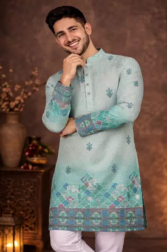 turquoise rayon cotton zari weaving kurta pajama