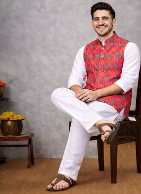 rani pink jacquard silk koti kurta pajama set for men 1