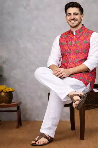 rani pink jacquard silk koti kurta pajama set for men