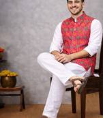 rani pink jacquard silk koti kurta pajama set for men