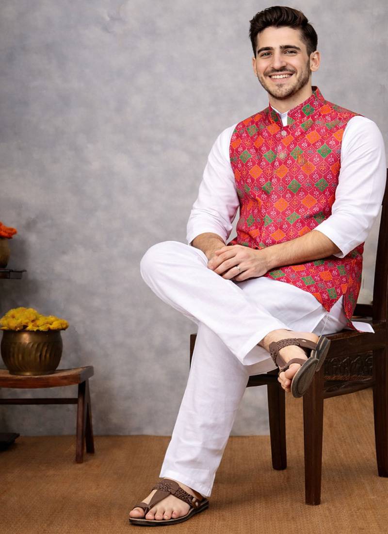 rani pink jacquard silk koti kurta pajama set for men