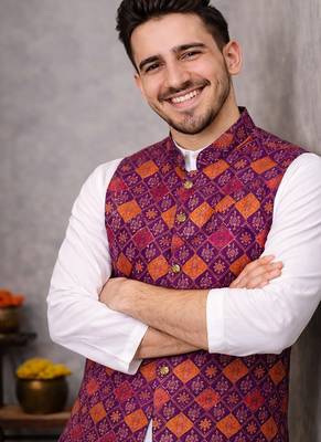 wine jacquard koti kurta pajama set for men 1