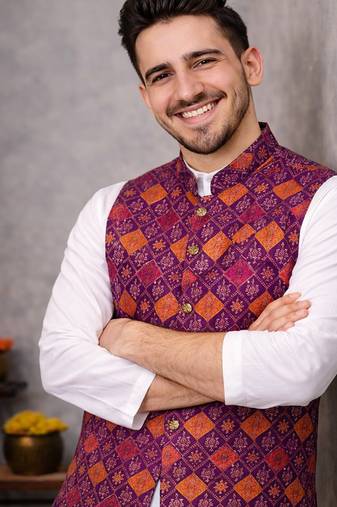 wine jacquard koti kurta pajama set for men