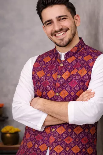 wine jacquard koti kurta pajama set for men