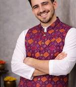 wine jacquard koti kurta pajama set for men