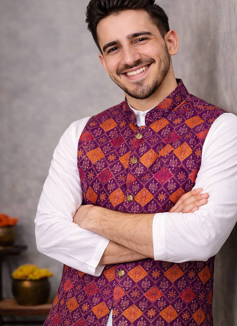 wine jacquard koti kurta pajama set for men
