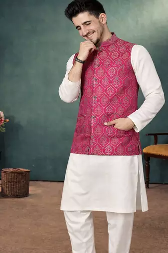 rani pink jacquard silk koti kurta payjama set