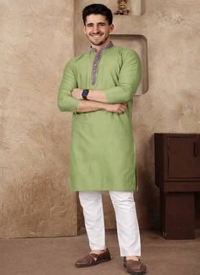olive green jacquard linen silk kurta pajama set for men | classic ethnic wear 1
