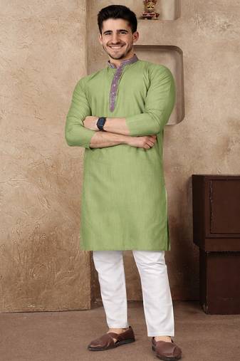 olive green jacquard linen silk kurta pajama set for men | classic ethnic wear