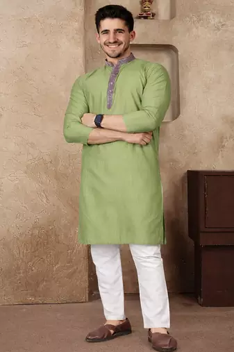 olive green jacquard linen silk kurta pajama set for men | classic ethnic wear