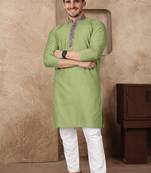olive green jacquard linen silk kurta pajama set for men | classic ethnic wear