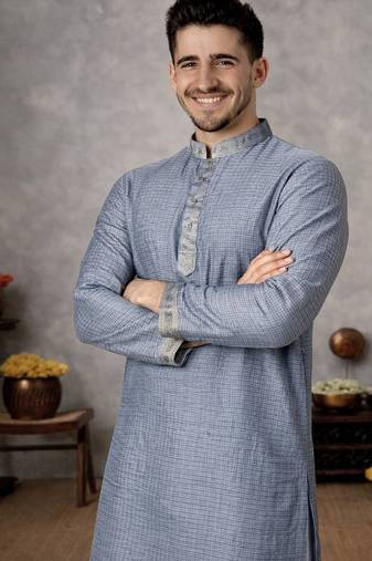 navy blue jacquard linen silk kurta pajama set for men