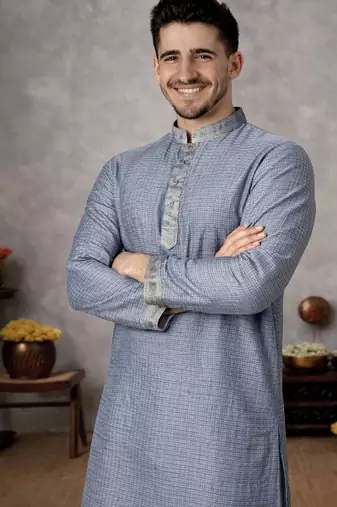 navy blue jacquard linen silk kurta pajama set for men
