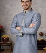 navy blue jacquard linen silk kurta pajama set for men