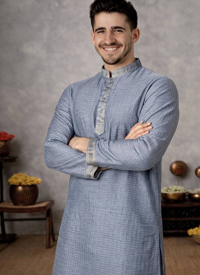 navy blue jacquard linen silk kurta pajama set for men