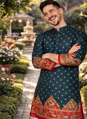 teal patola foil print dola silk kurta payjama set 3