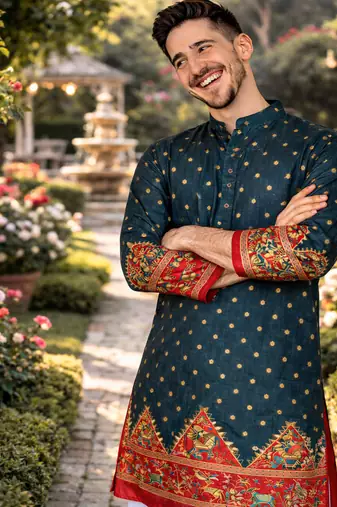 teal patola foil print dola silk kurta payjama set