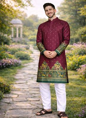 wine dola silk kurta payjama set with patola print 3