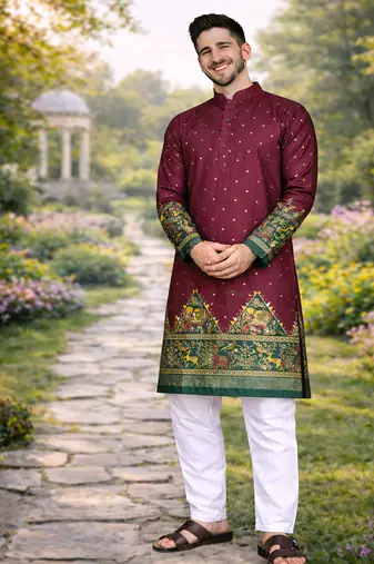 wine dola silk kurta payjama set with patola print