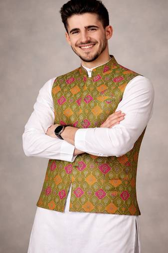 olive jacquard silk koti with cotton kurta pajama set for men | festive nehru jacket outfit