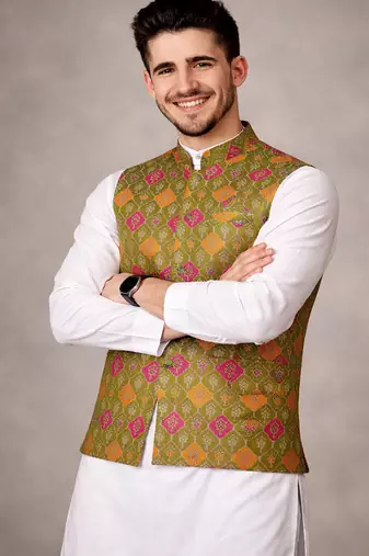 olive jacquard silk koti with cotton kurta pajama set for men | festive nehru jacket outfit