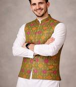 olive jacquard silk koti with cotton kurta pajama set for men | festive nehru jacket outfit
