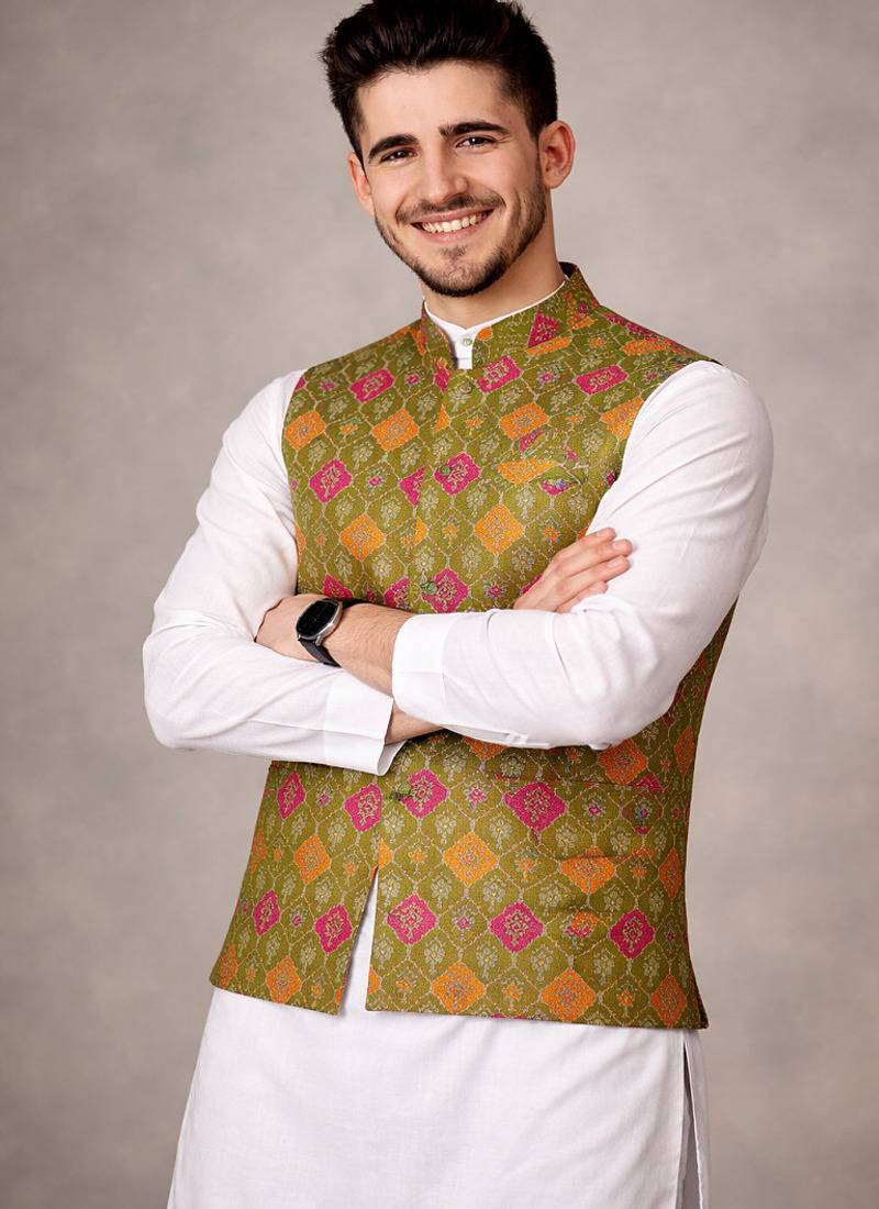 olive jacquard silk koti with cotton kurta pajama set for men | festive nehru jacket outfit
