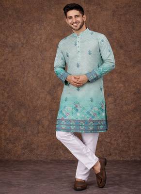 turquoise rayon cotton zari weaving kurta pajama 2